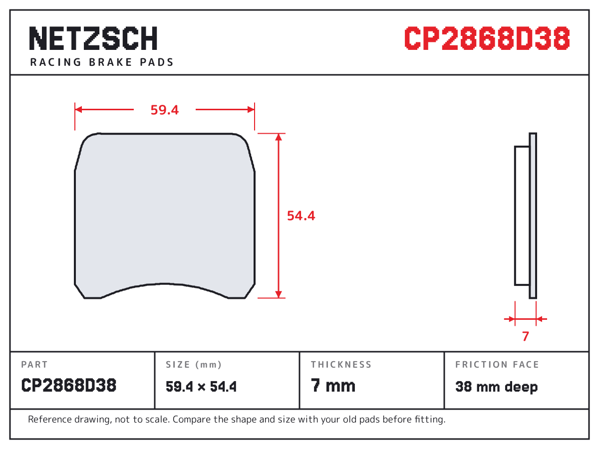 NETZSCH CP2868D38 brake pad drawing: 59.4 × 54.4 mm, 6.95 mm thick
