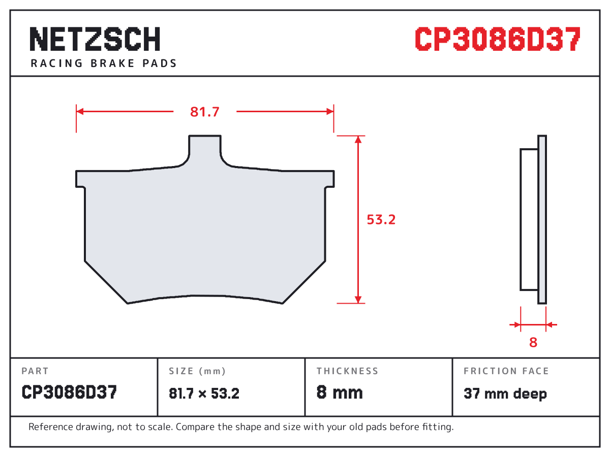 NETZSCH CP3086D37 brake pad drawing: 81.65 × 53.2 mm, 8 mm thick
