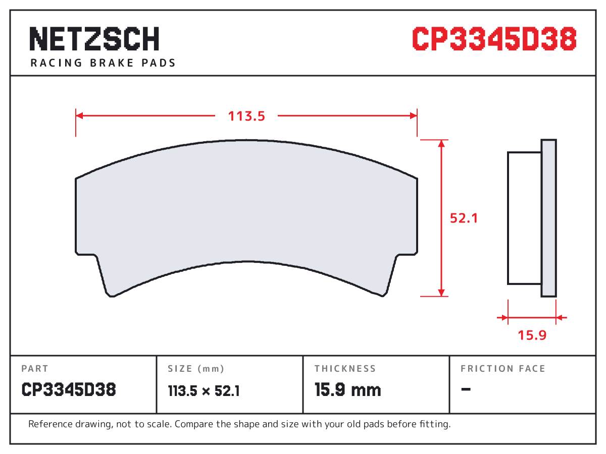NETZSCH CP3345D38 brake pad drawing: 113.47 × 52.1 mm, 15.9 mm thick