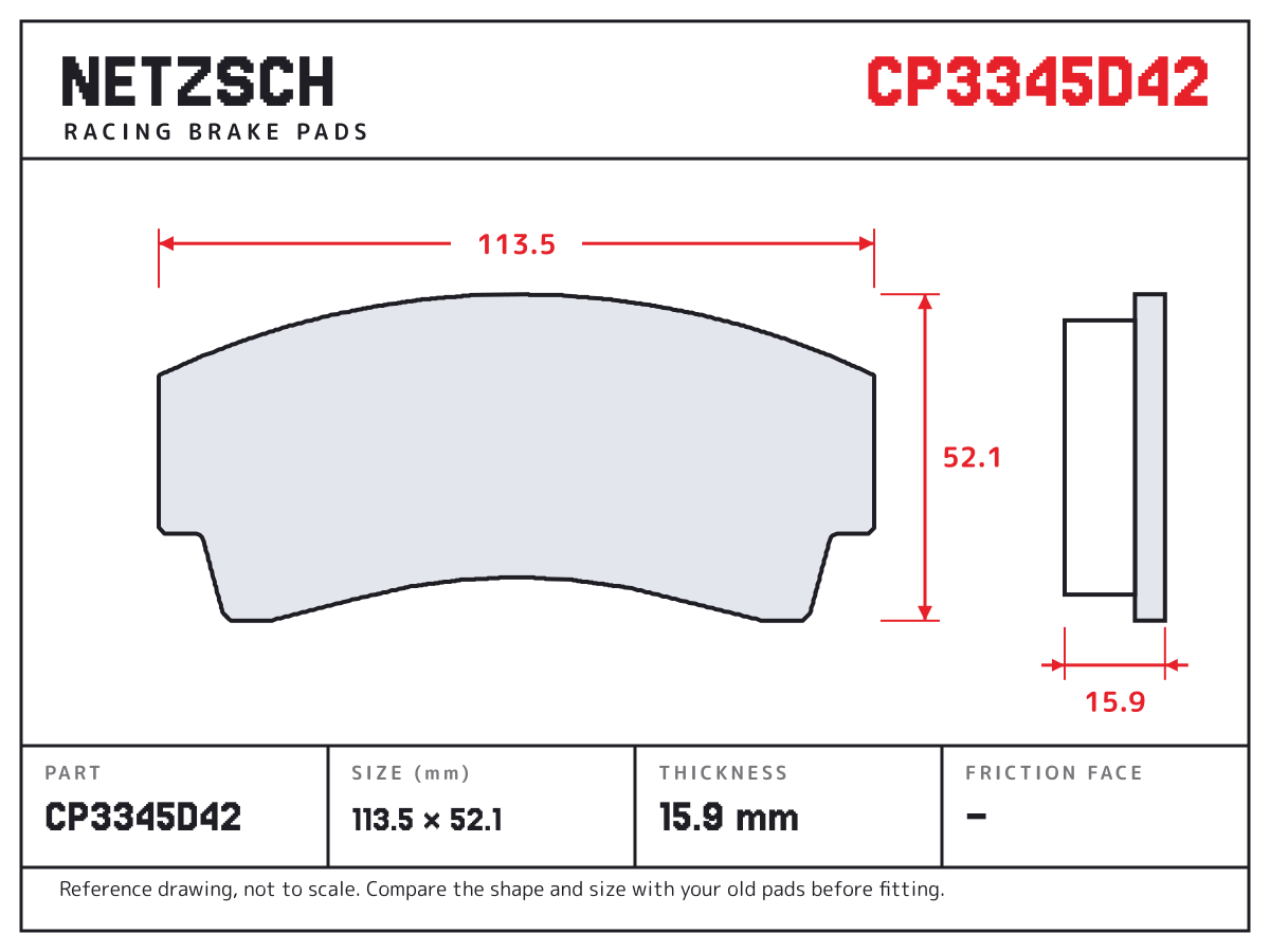 NETZSCH CP3345D42 brake pad drawing: 113.47 × 52.1 mm, 15.9 mm thick