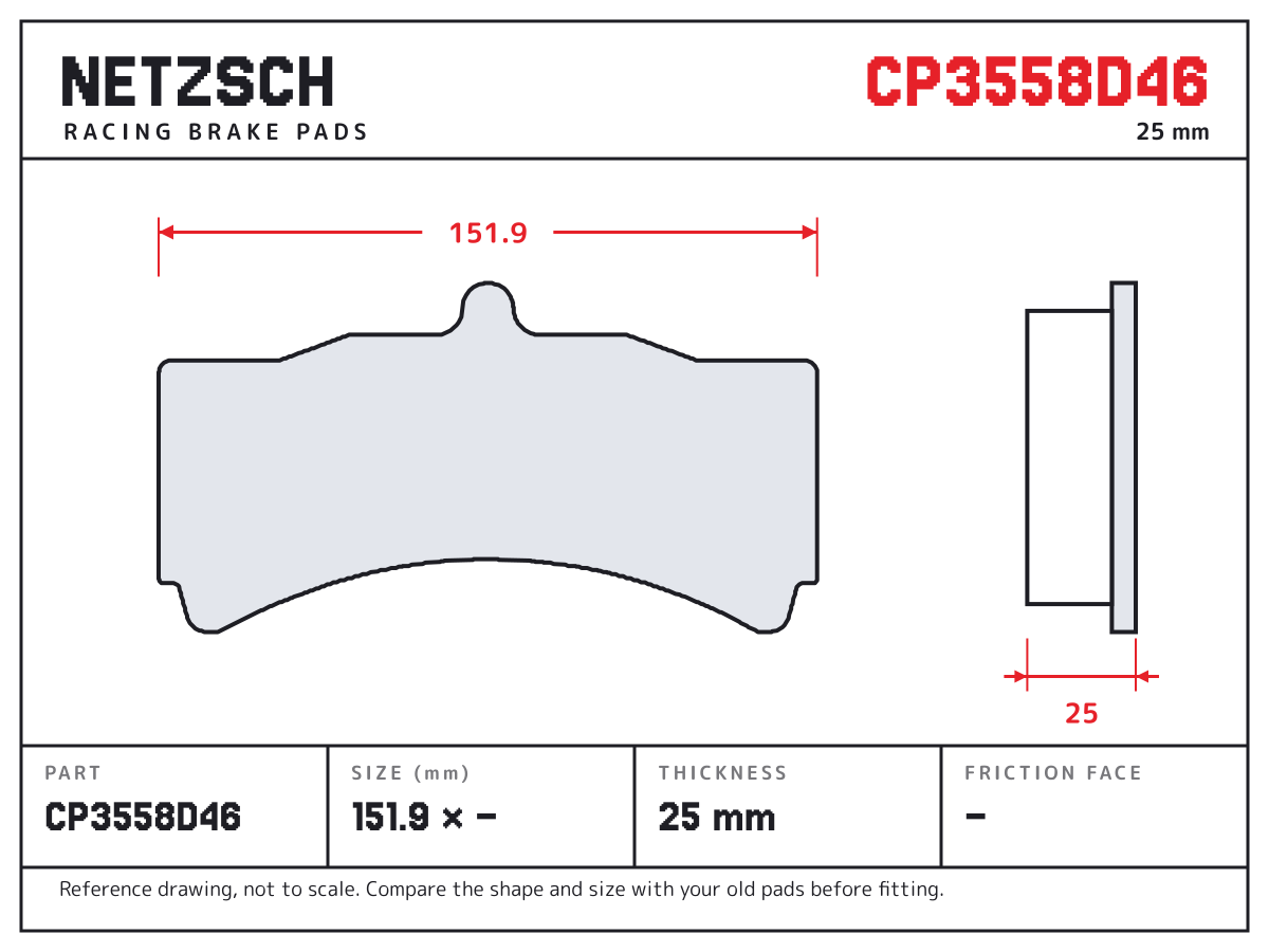 NETZSCH CP3558D46 brake pad drawing: 151.9 × unconfirmed mm, 25 mm thick