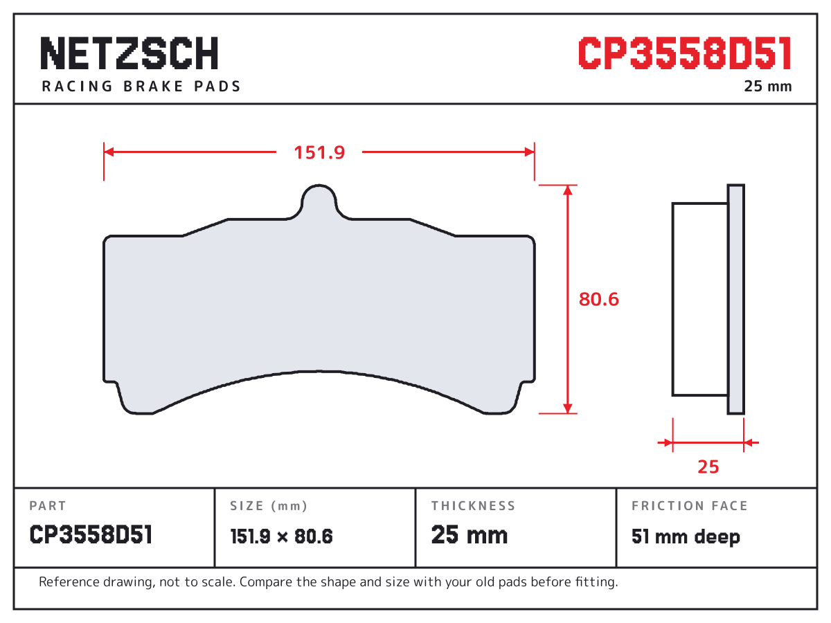 NETZSCH CP3558D51 brake pad drawing: 151.9 × 80.6 mm, 25 mm thick