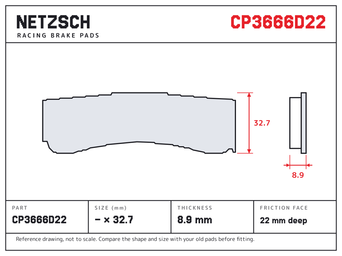 NETZSCH CP3666D22 brake pad drawing: unconfirmed × 32.71 mm, 8.9 mm thick