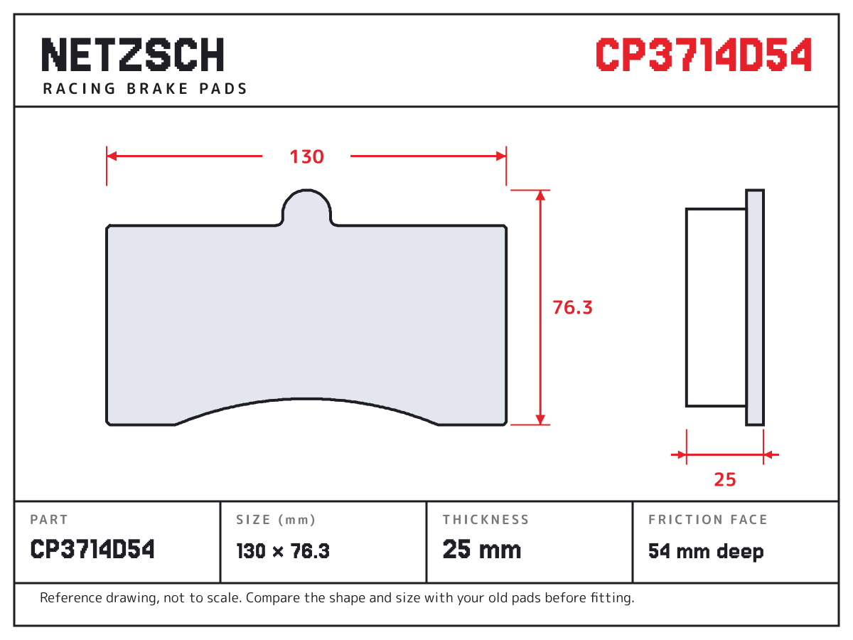NETZSCH CP3714D54 brake pad drawing: 130 × 76.3 mm, 25 mm thick