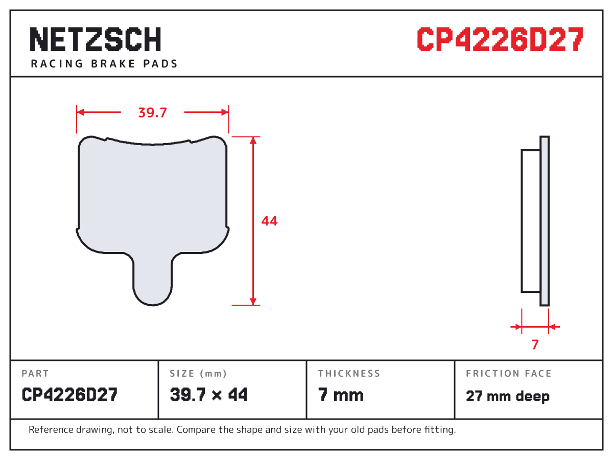 NETZSCH CP4226D27 brake pad drawing: 39.7 × 44 mm, 7 mm thick