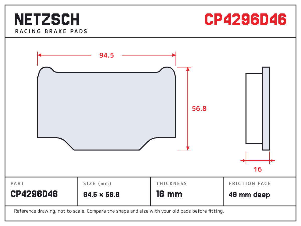 NETZSCH CP4296D46 brake pad drawing: 94.49 × 56.75 mm, 16 mm thick