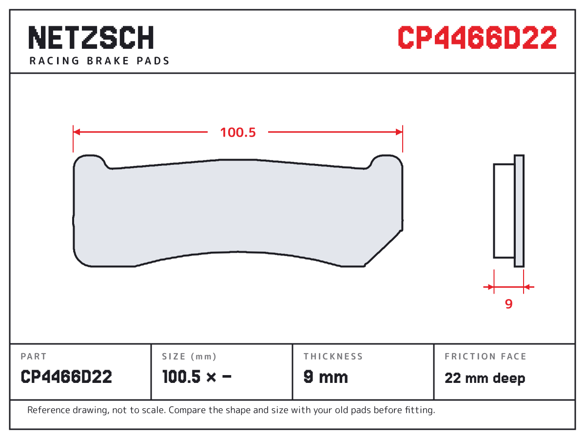 NETZSCH CP4466D22 brake pad drawing: 100.48 × unconfirmed mm, 9 mm thick
