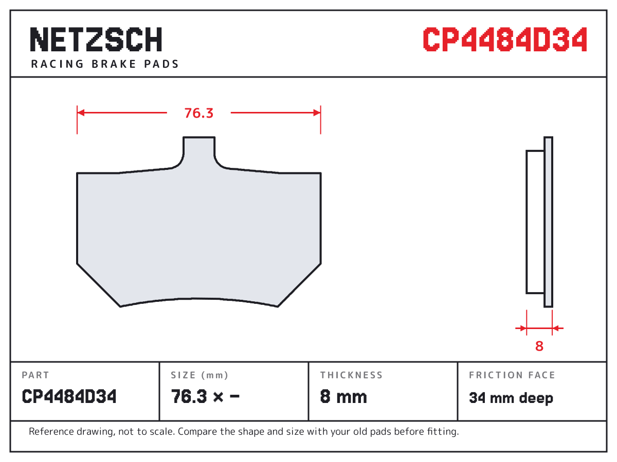 NETZSCH CP4484D34 brake pad drawing: 76.32 × unconfirmed mm, 8 mm thick