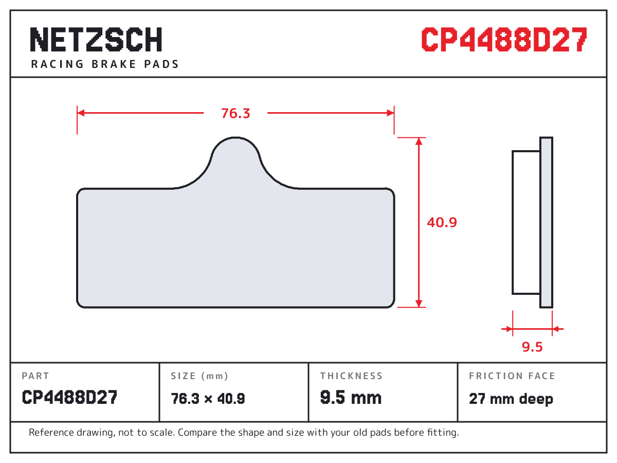 NETZSCH CP4488D27 brake pad drawing: 76.32 × 40.9 mm, 9.5 mm thick