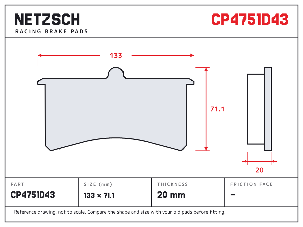 NETZSCH CP4751D43 brake pad drawing: 133 × 71.1 mm, 20 mm thick