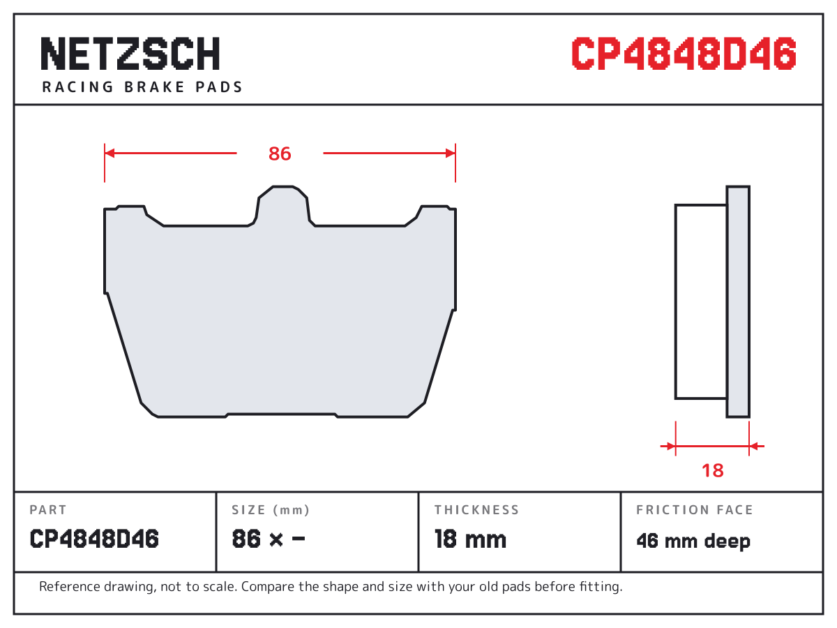 NETZSCH CP4848D46 brake pad drawing: 86 × unconfirmed mm, 18 mm thick
