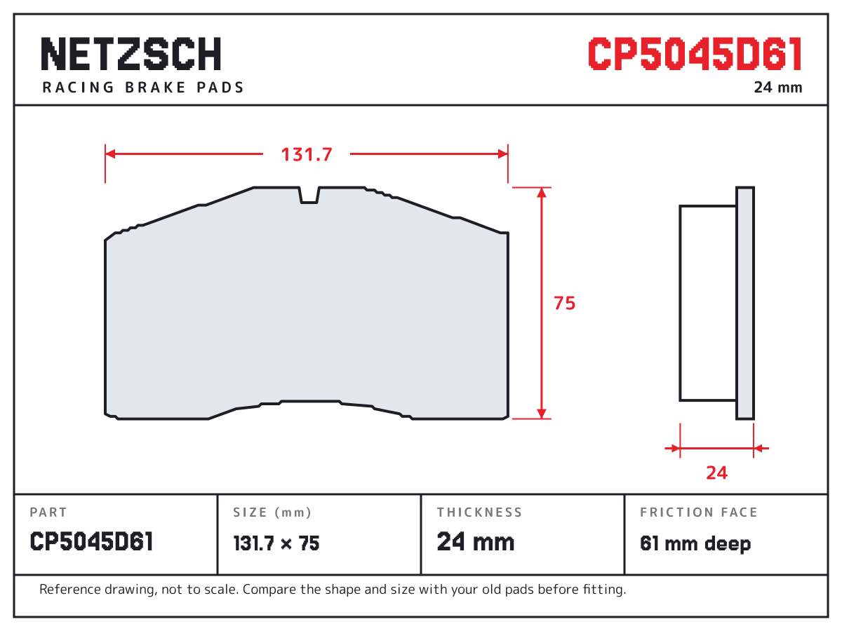 NETZSCH CP5045D61 brake pad drawing: 131.7 × 75 mm, 24 mm thick