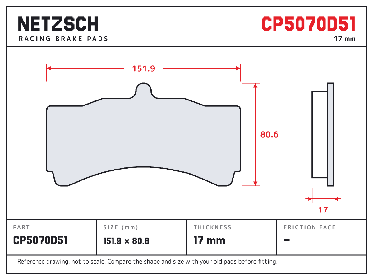 NETZSCH CP5070D51 brake pad drawing: 151.9 × 80.6 mm, 17 mm thick