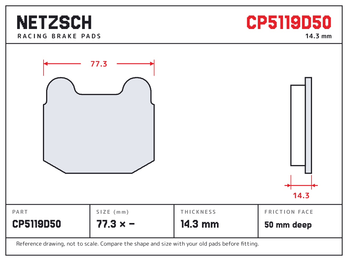 NETZSCH CP5119D50 brake pad drawing: 77.3 × unconfirmed mm, 14.35 mm thick