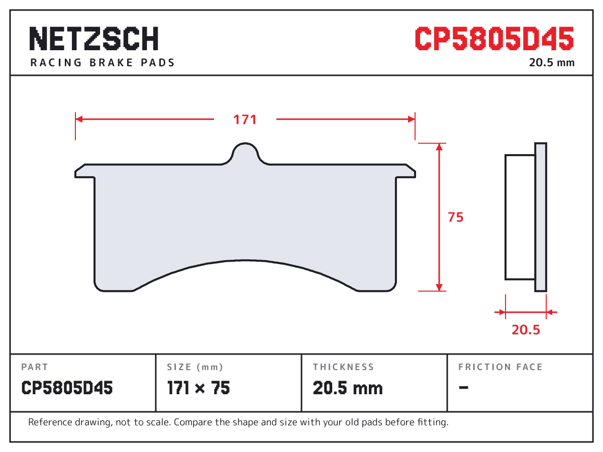 NETZSCH CP5805D45 brake pad drawing: 171 × 75 mm, 20.5 mm thick