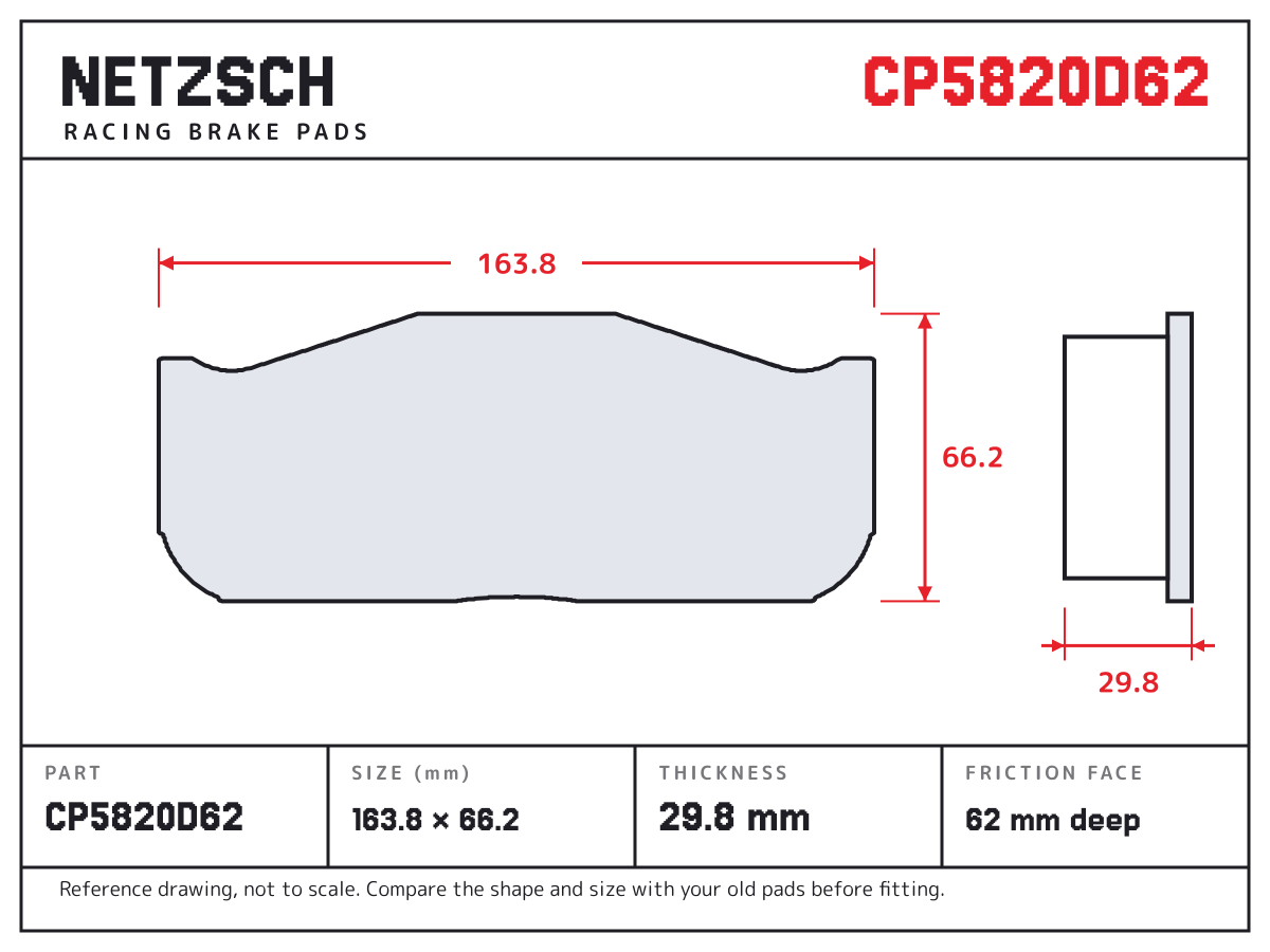 NETZSCH CP5820D62 brake pad drawing: 163.75 × 66.2 mm, 29.8 mm thick