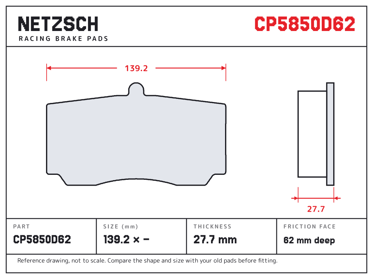 NETZSCH CP5850D62 brake pad drawing: 139.2 × unconfirmed mm, 27.7 mm thick
