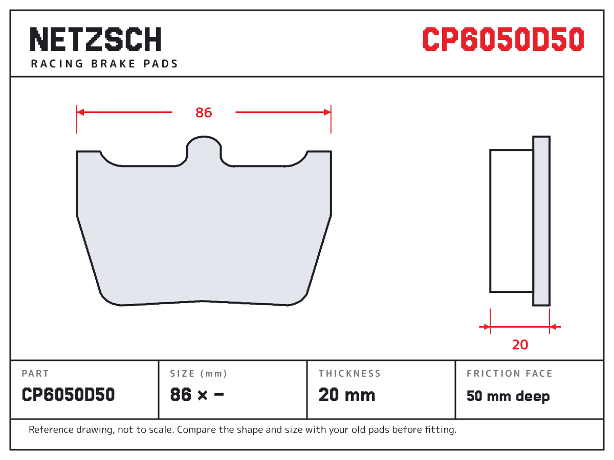 NETZSCH CP6050D50 brake pad drawing: 86 × unconfirmed mm, 20 mm thick