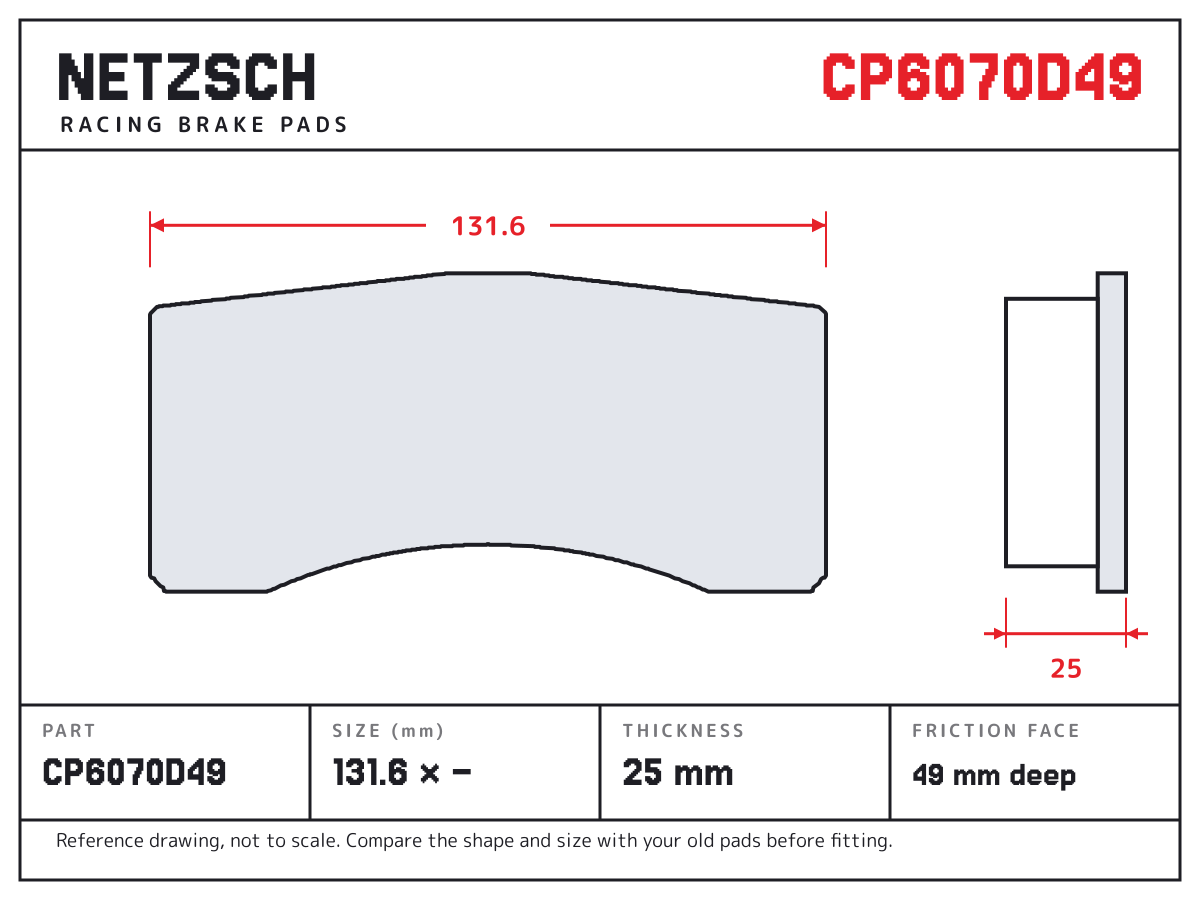 NETZSCH CP6070D49 brake pad drawing: 131.6 × unconfirmed mm, 25 mm thick