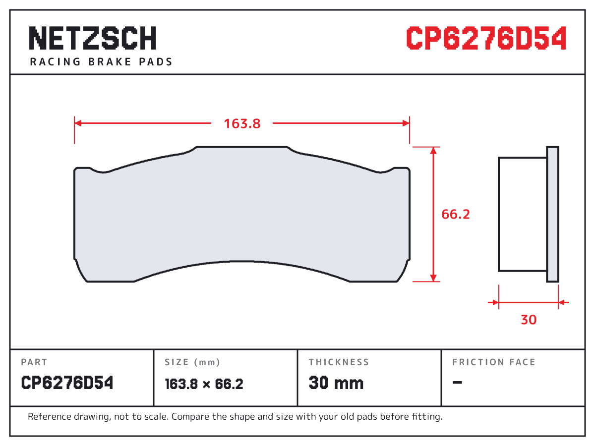 NETZSCH CP6276D54 brake pad drawing: 163.75 × 66.2 mm, 30 mm thick