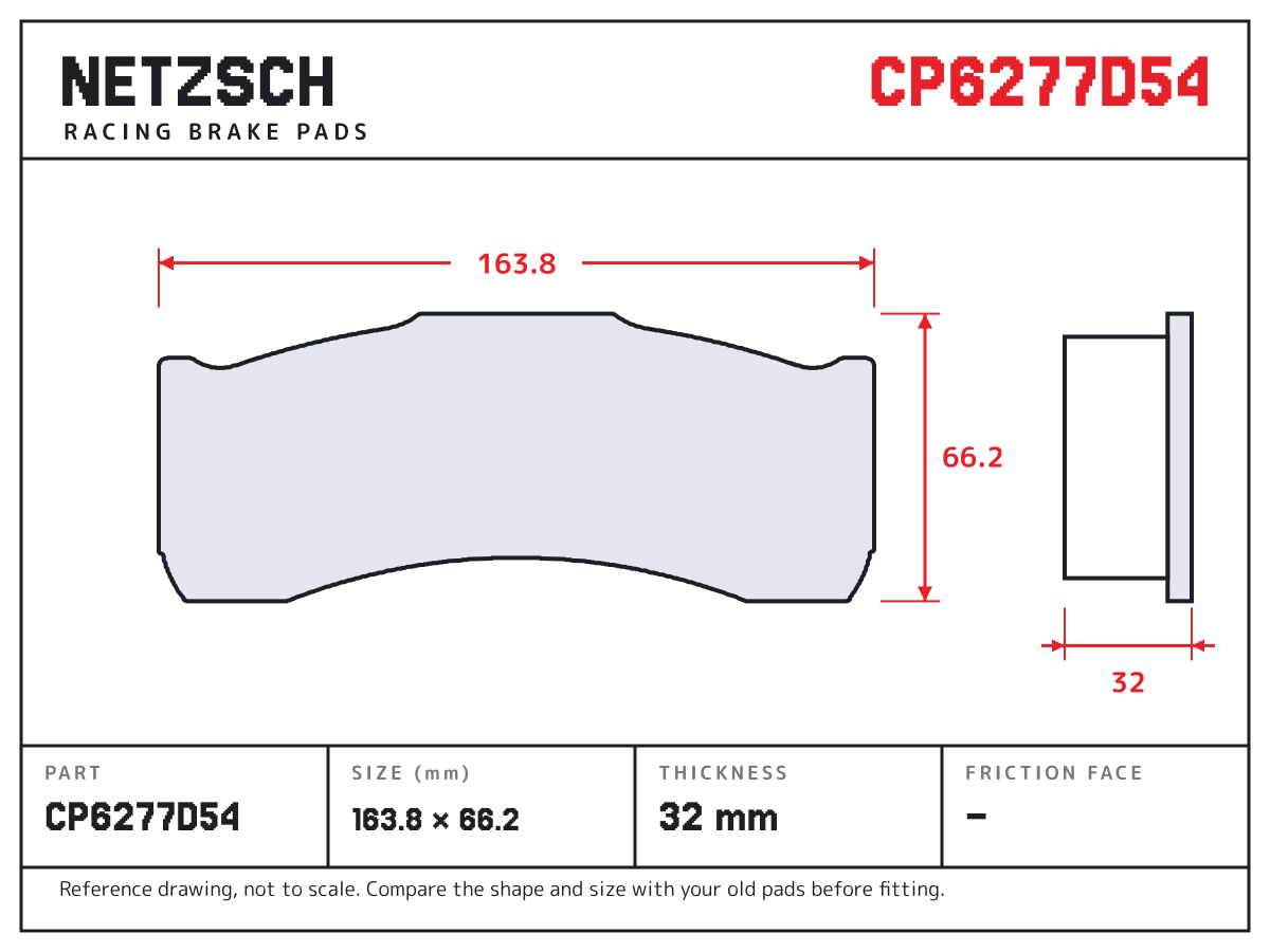 NETZSCH CP6277D54 brake pad drawing: 163.75 × 66.2 mm, 32 mm thick