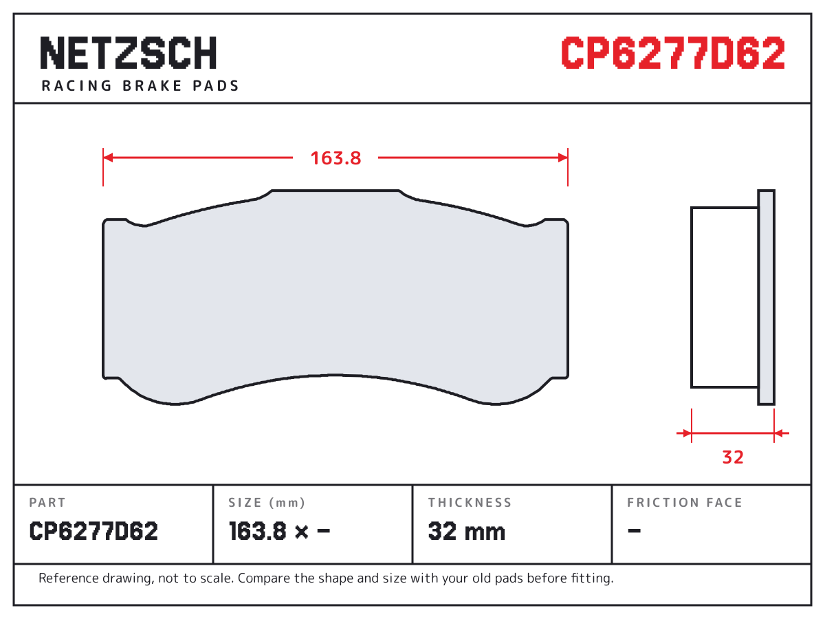 NETZSCH CP6277D62 brake pad drawing: 163.75 × unconfirmed mm, 32 mm thick
