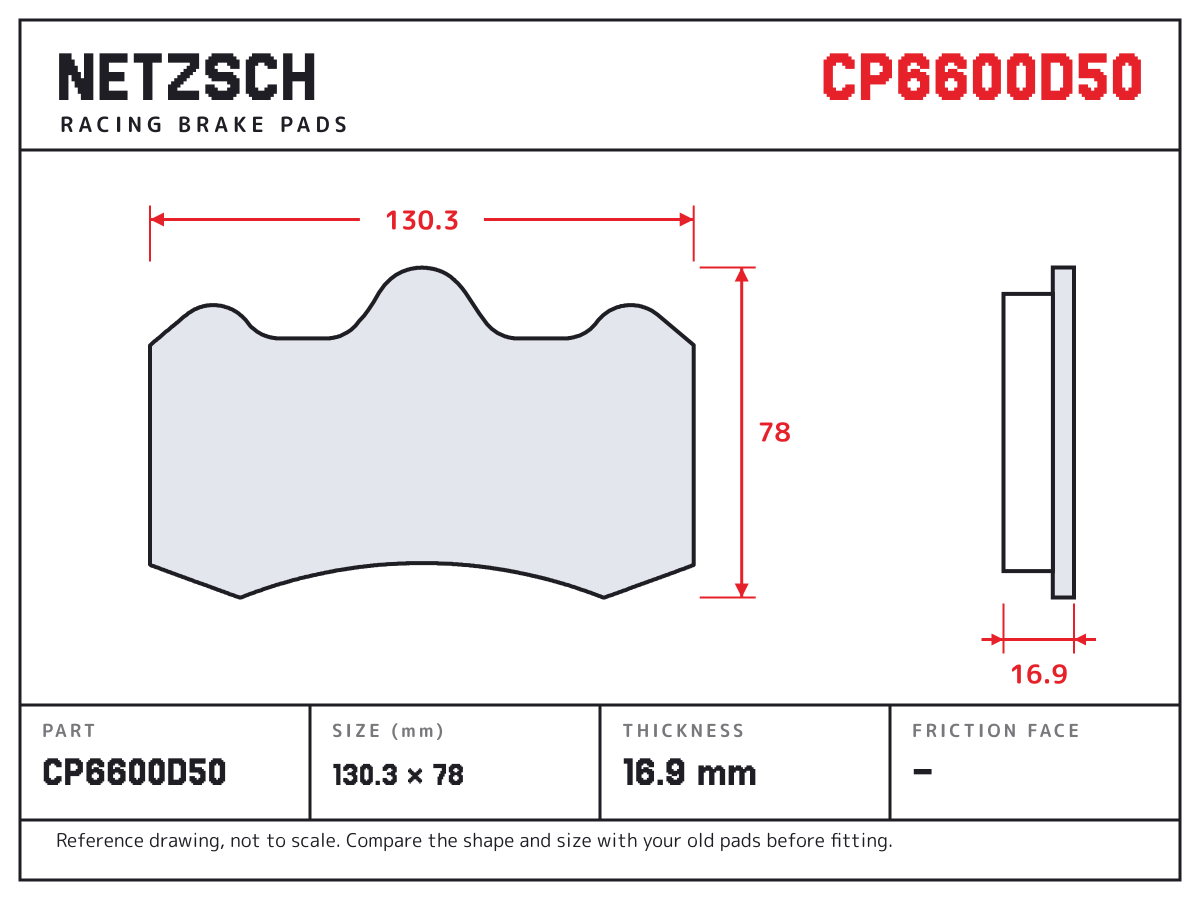 NETZSCH CP6600D50 brake pad drawing: 130.3 × 78 mm, 16.9 mm thick