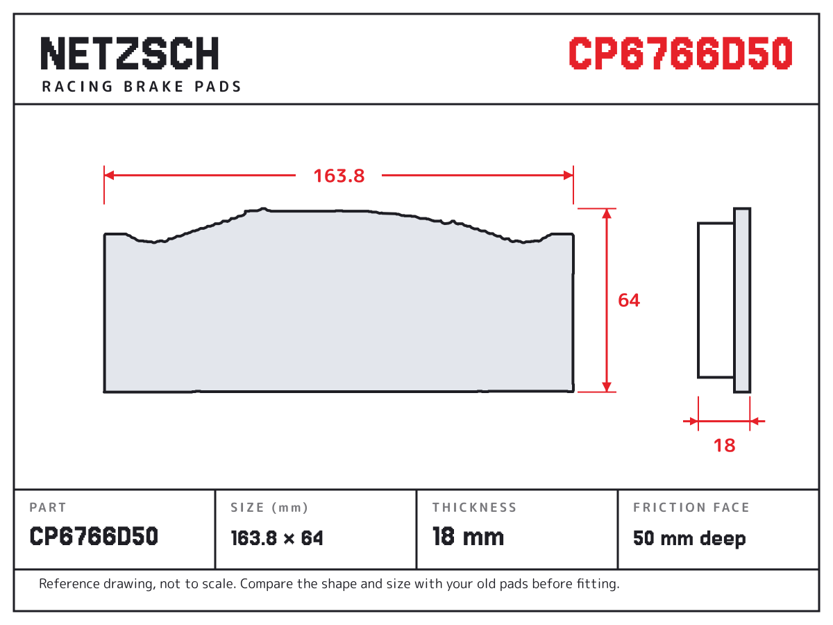 NETZSCH CP6766D50 brake pad drawing: 163.85 × 64 mm, 18 mm thick