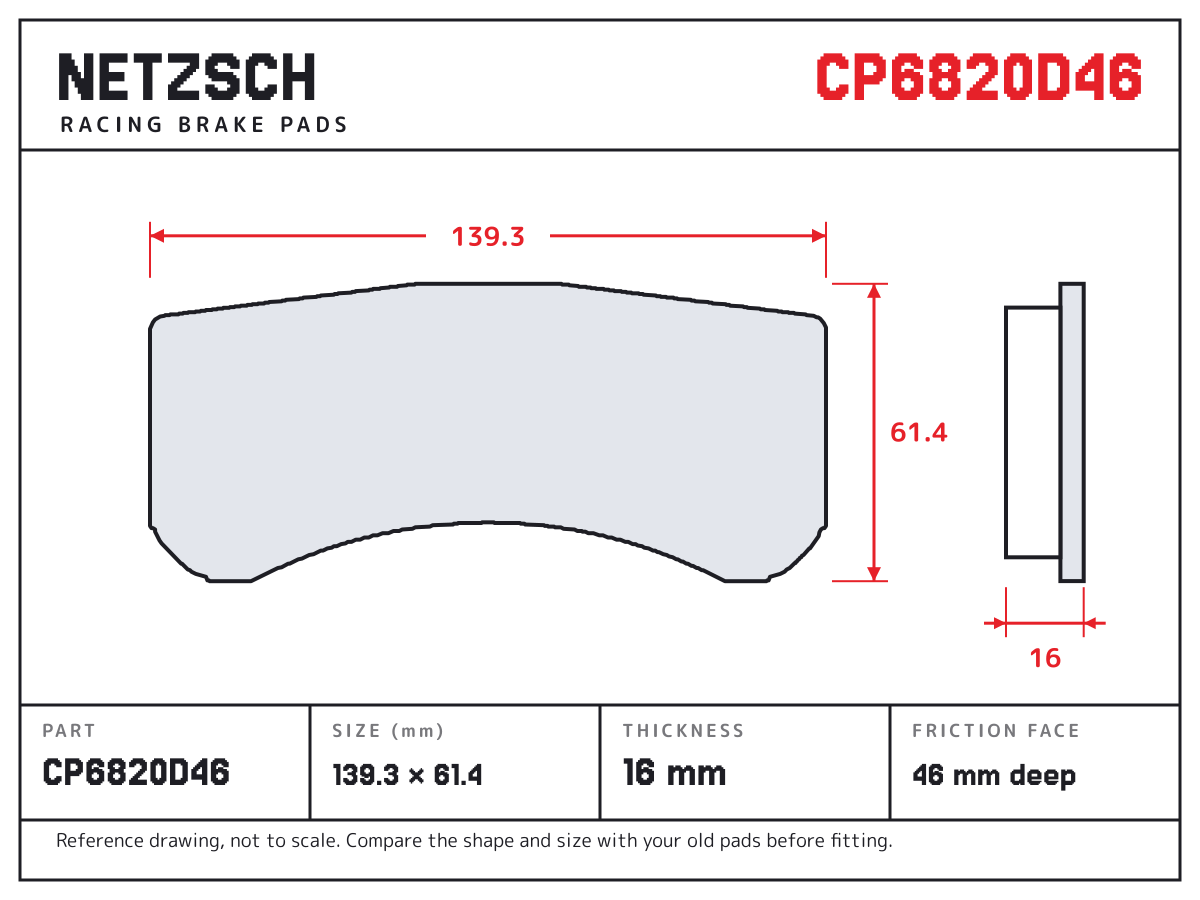 NETZSCH CP6820D46 brake pad drawing: 139.3 × 61.4 mm, 16 mm thick