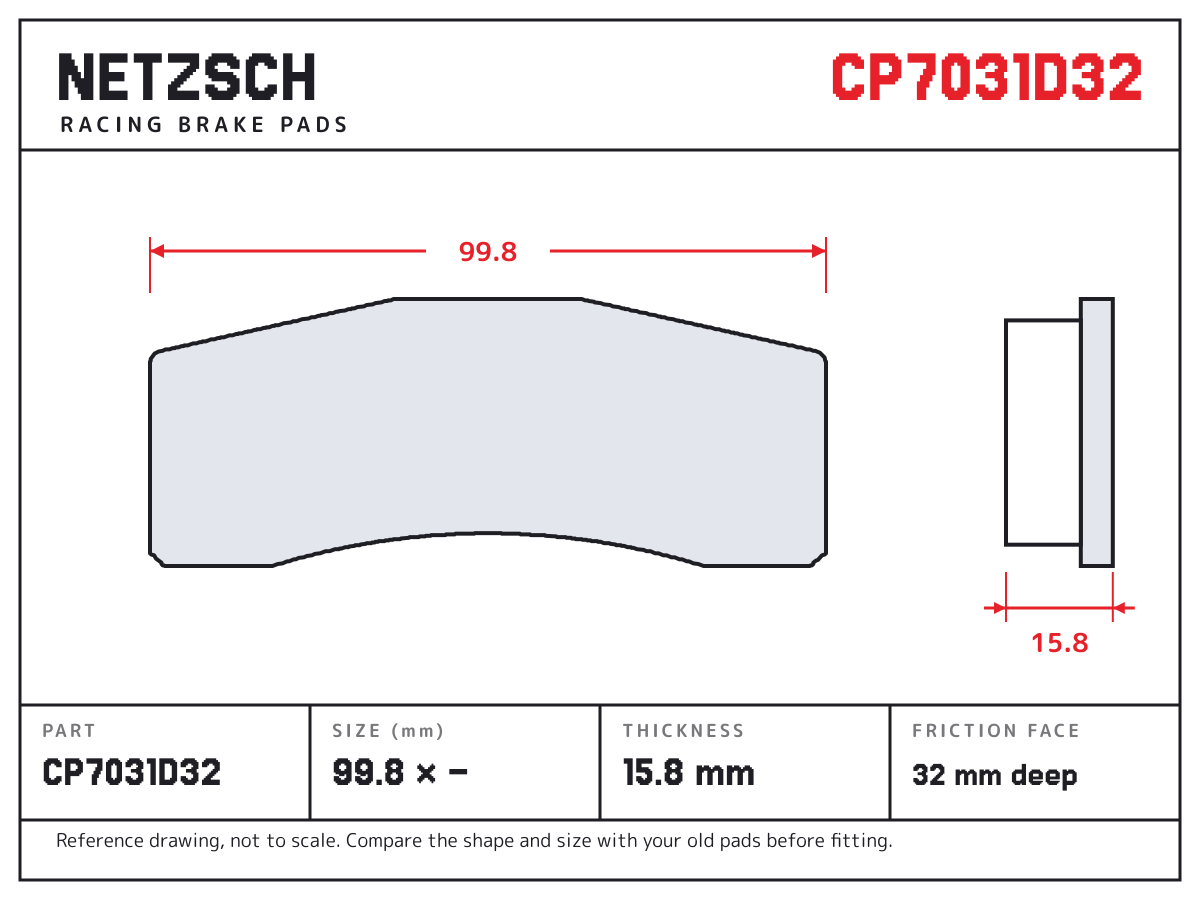 NETZSCH CP7031D32 brake pad drawing: 99.8 × unconfirmed mm, 15.75 mm thick