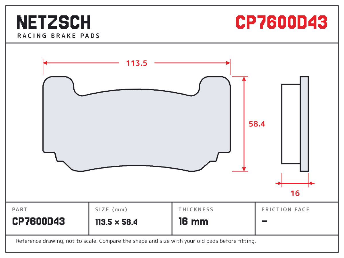 NETZSCH CP7600D43 brake pad drawing: 113.48 × 58.37 mm, 16 mm thick