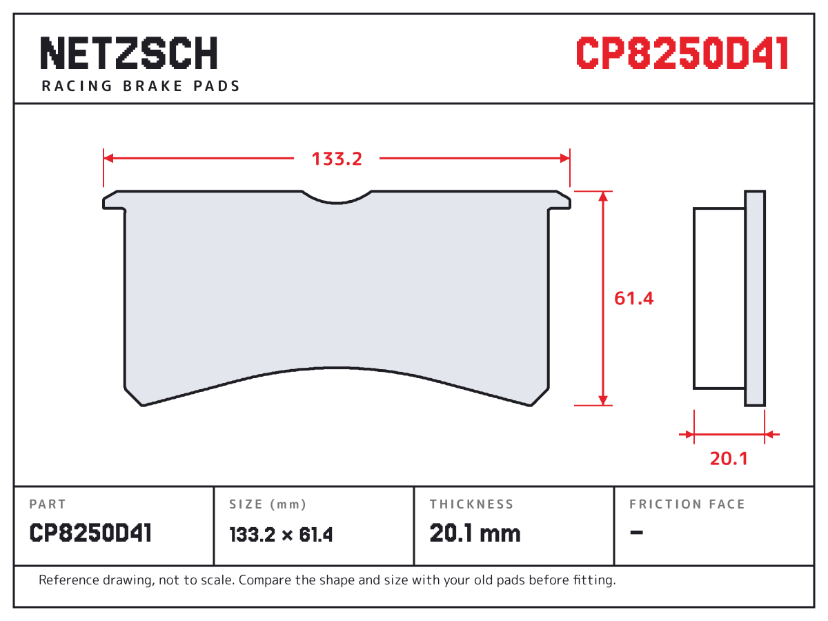 NETZSCH CP8250D41 brake pad drawing: 133.2 × 61.4 mm, 20.1 mm thick