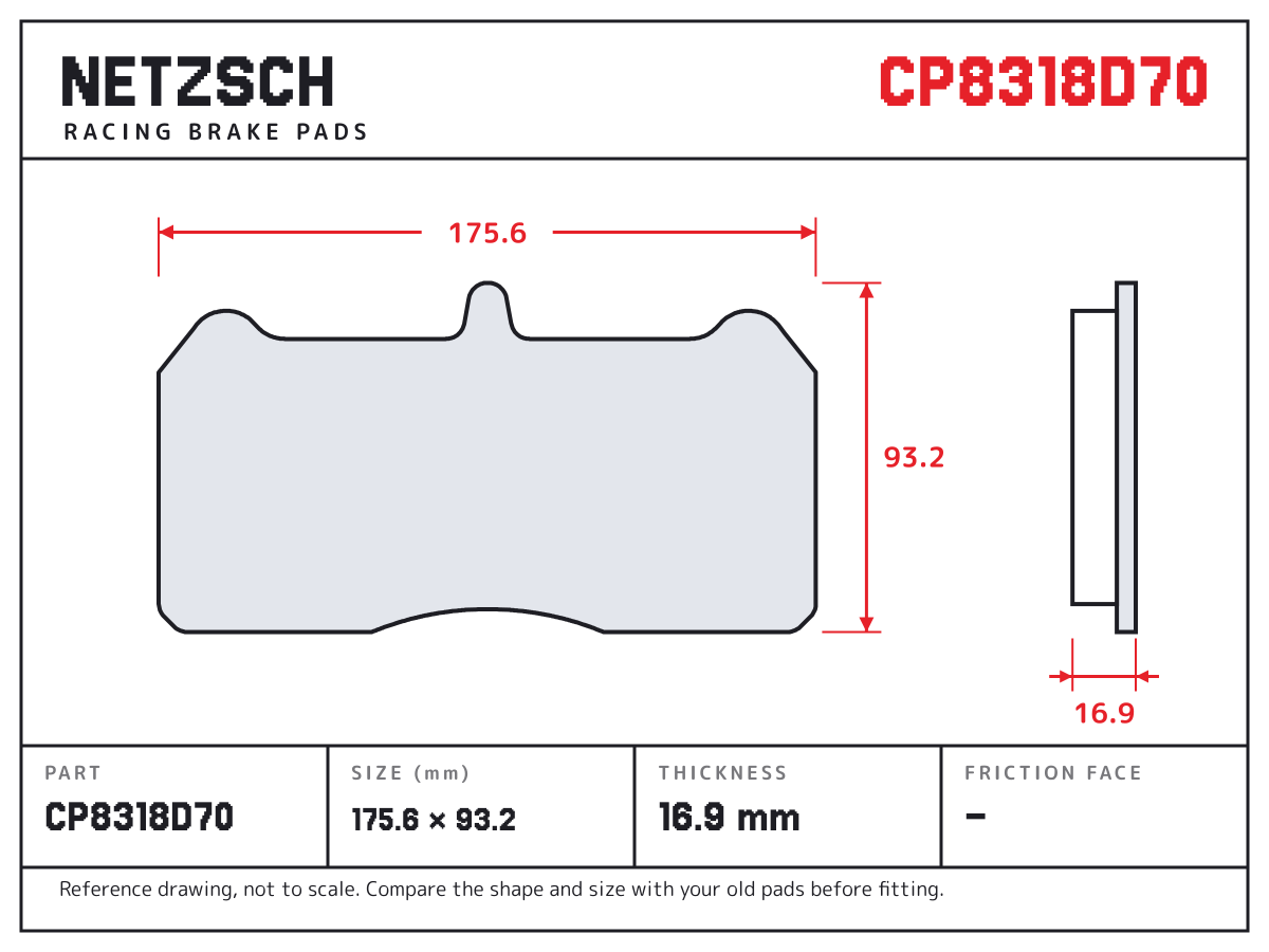 NETZSCH CP8318D70 brake pad drawing: 175.6 × 93.2 mm, 16.9 mm thick