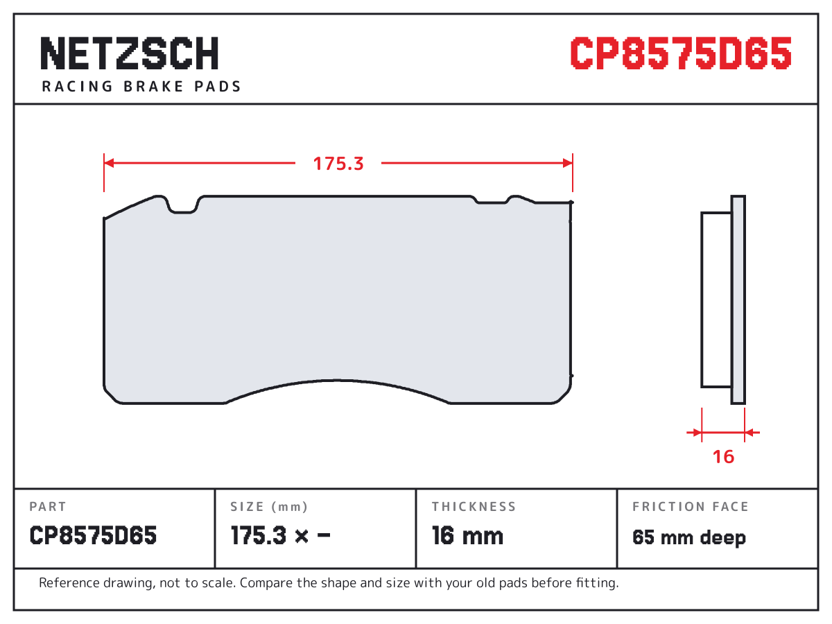 NETZSCH CP8575D65 brake pad drawing: 175.35 × unconfirmed mm, 16 mm thick