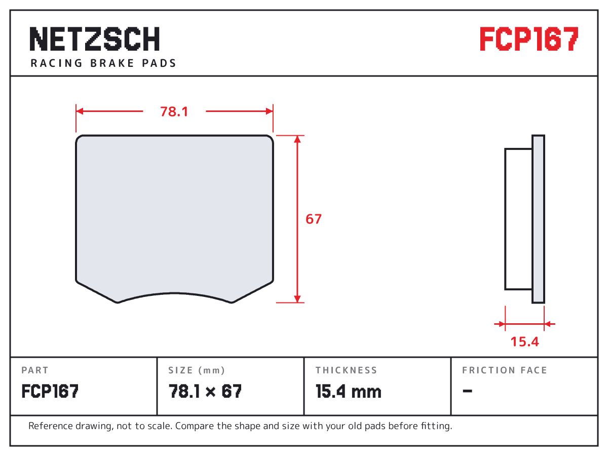 NETZSCH FCP167 brake pad drawing: 78.1 × 67 mm, 15.4 mm thick