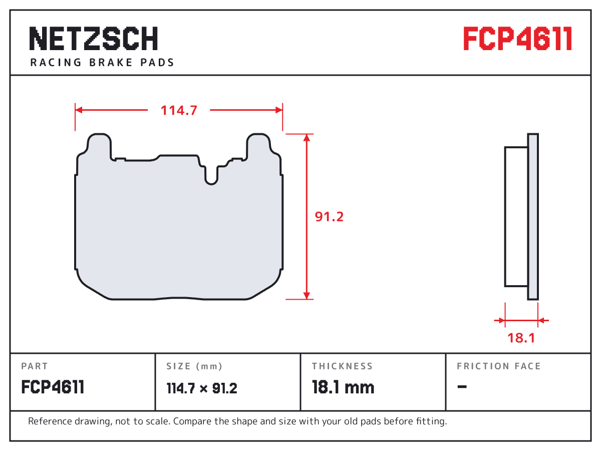 NETZSCH FCP4611 brake pad drawing: 114.74 × 91.2 mm, 18.1 mm thick