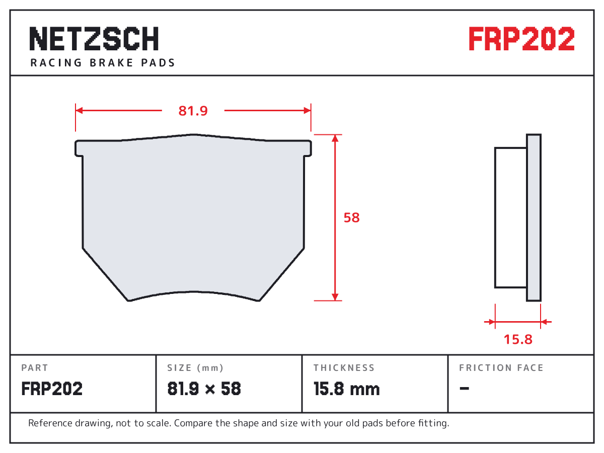 NETZSCH FRP202 brake pad drawing: 81.9 × 58 mm, 15.8 mm thick