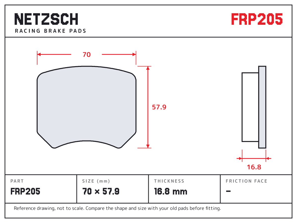 NETZSCH FRP205 brake pad drawing: 70 × 57.9 mm, 16.8 mm thick