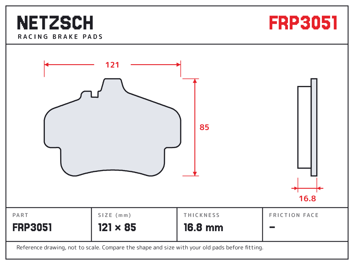 NETZSCH FRP3051 brake pad drawing: 121 × 85 mm, 16.8 mm thick