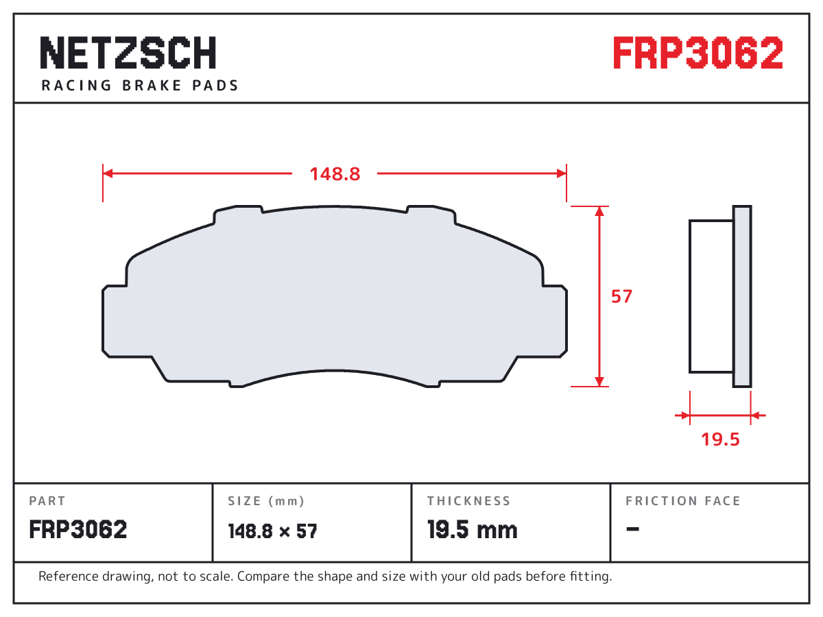 NETZSCH FRP3062 brake pad drawing: 148.8 × 57 mm, 19.5 mm thick