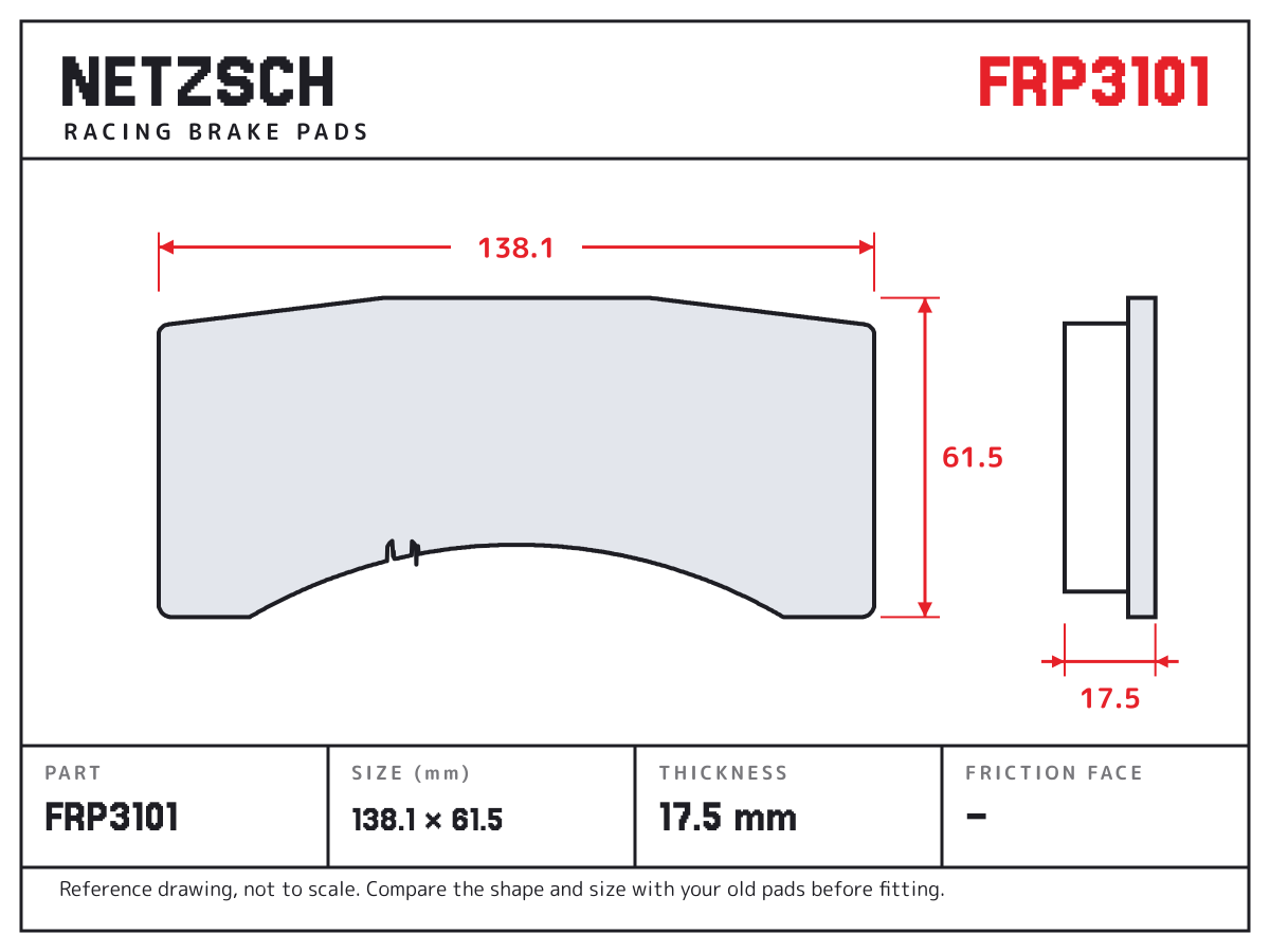 NETZSCH FRP3101 brake pad drawing: 138.1 × 61.5 mm, 17.5 mm thick