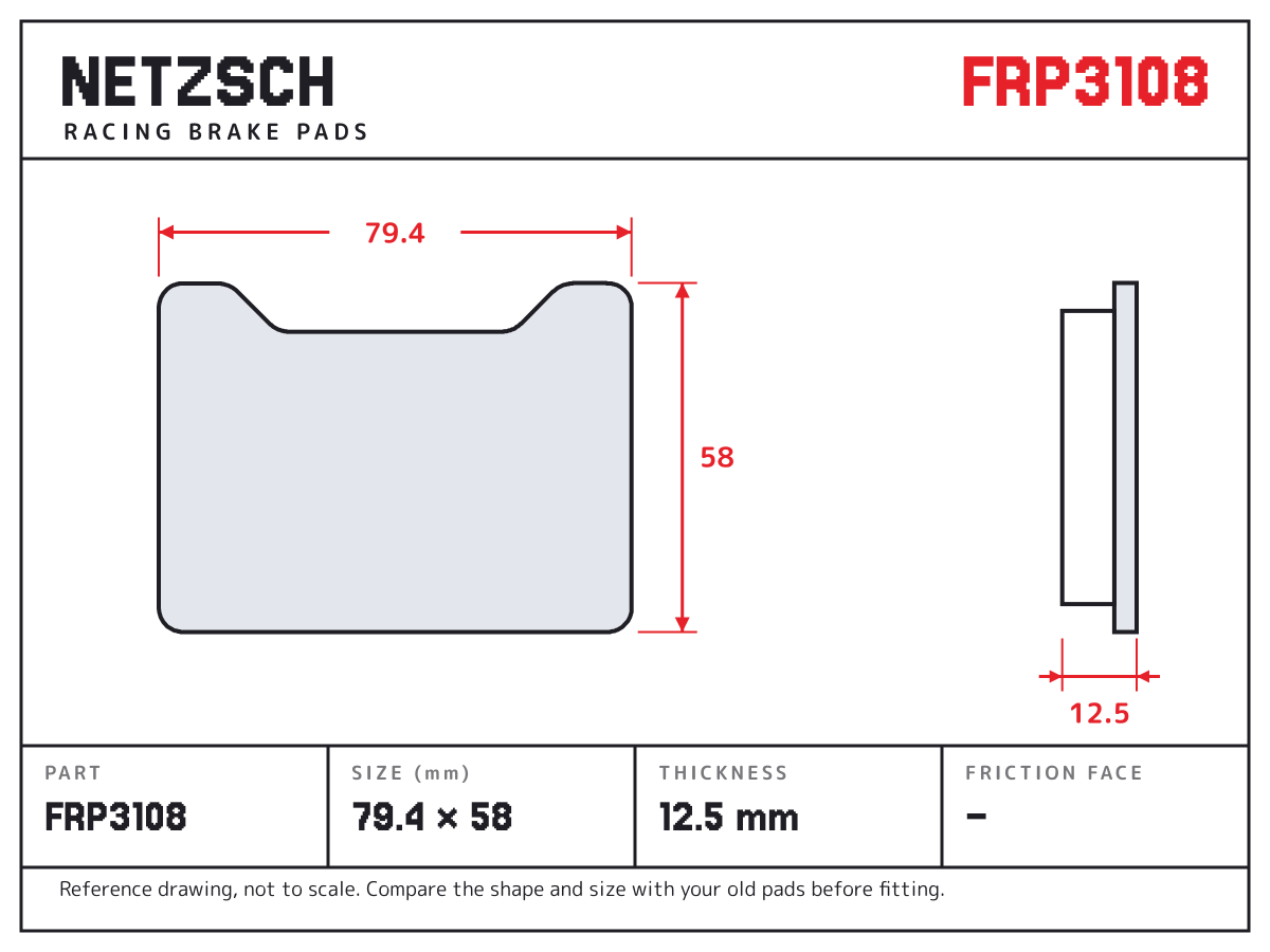 NETZSCH FRP3108 brake pad drawing: 79.4 × 58 mm, 12.5 mm thick