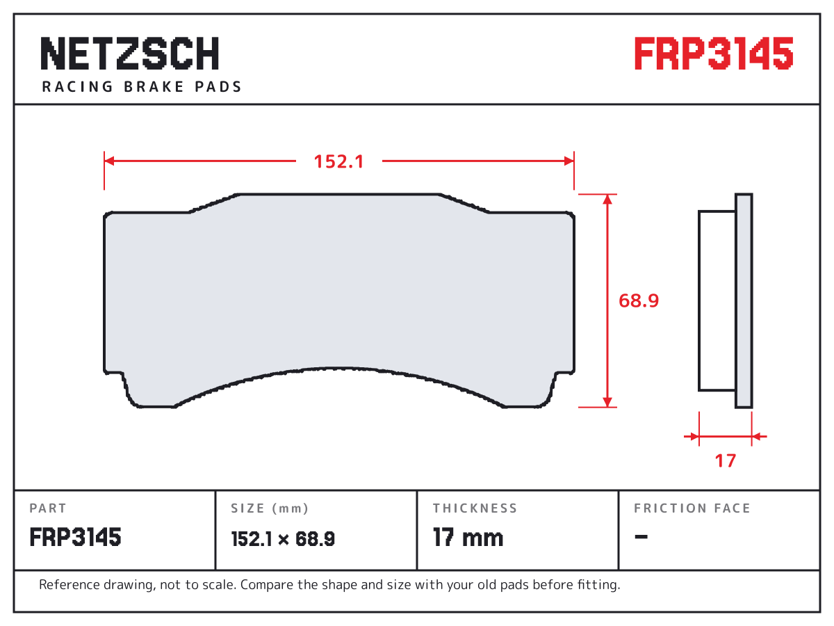 NETZSCH FRP3145 brake pad drawing: 152.1 × 68.9 mm, 17 mm thick