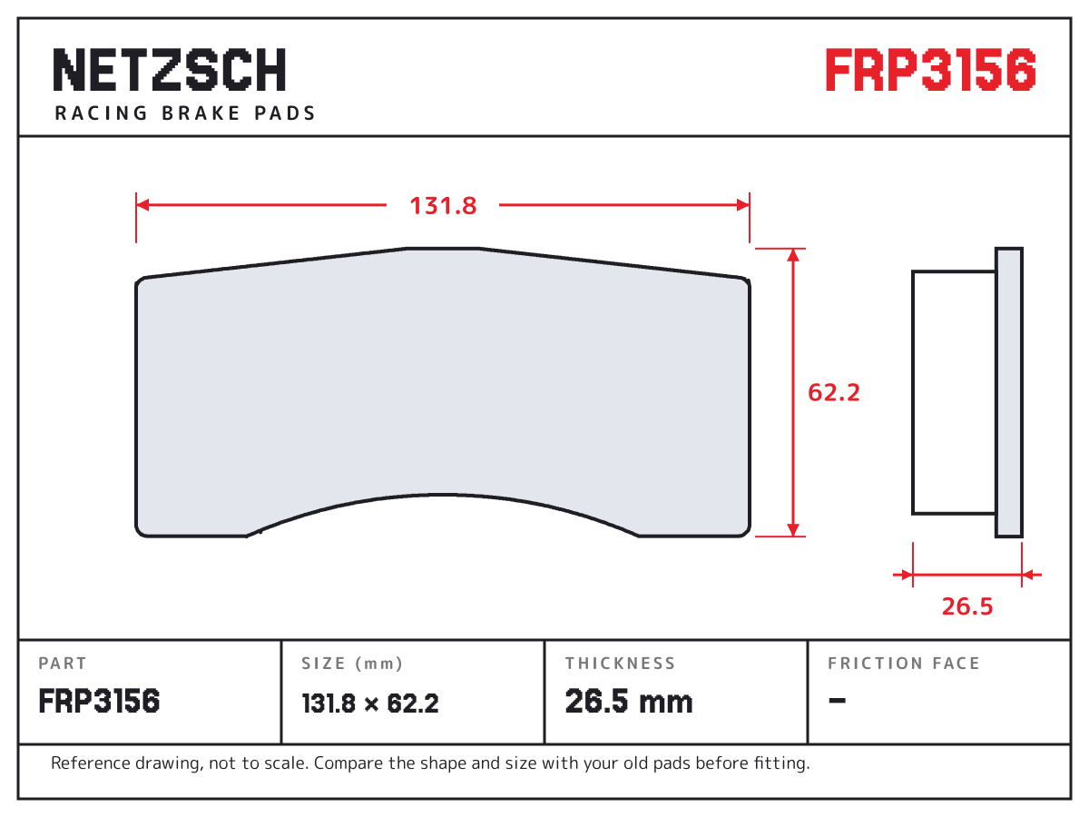 NETZSCH FRP3156 brake pad drawing: 131.8 × 62.2 mm, 26.5 mm thick