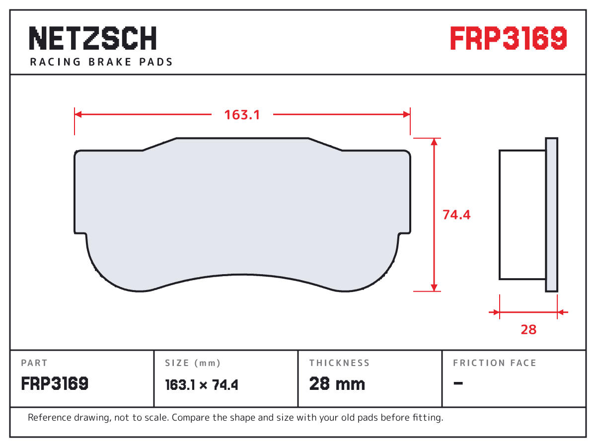 NETZSCH FRP3169 brake pad drawing: 163.1 × 74.4 mm, 28 mm thick