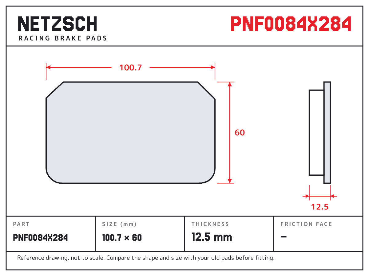 NETZSCH PNF0084X284 brake pad drawing: 100.7 × 60 mm, 12.5 mm thick