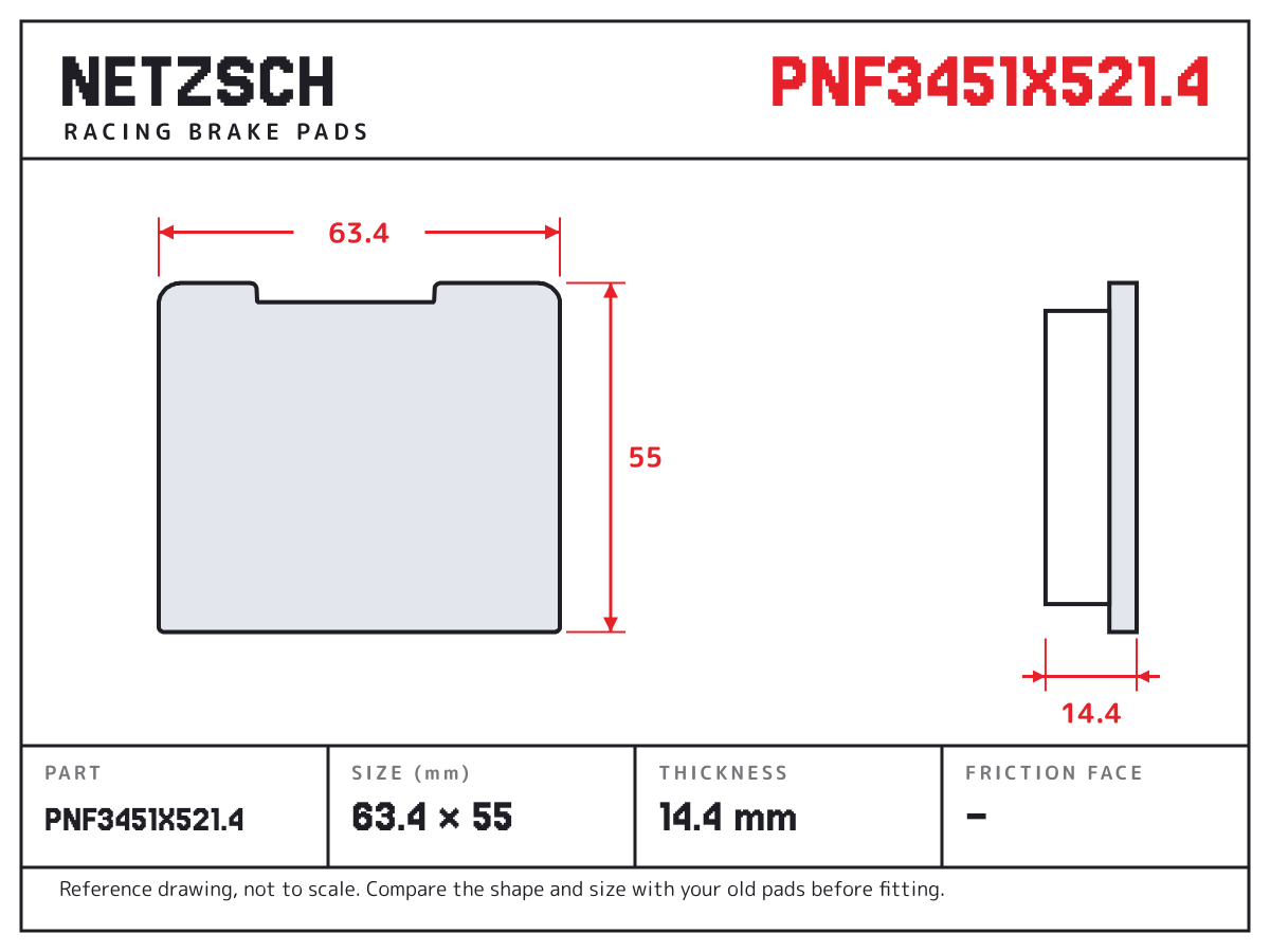 NETZSCH PNF3451X521.4 brake pad drawing: 63.4 × 55 mm, 14.4 mm thick