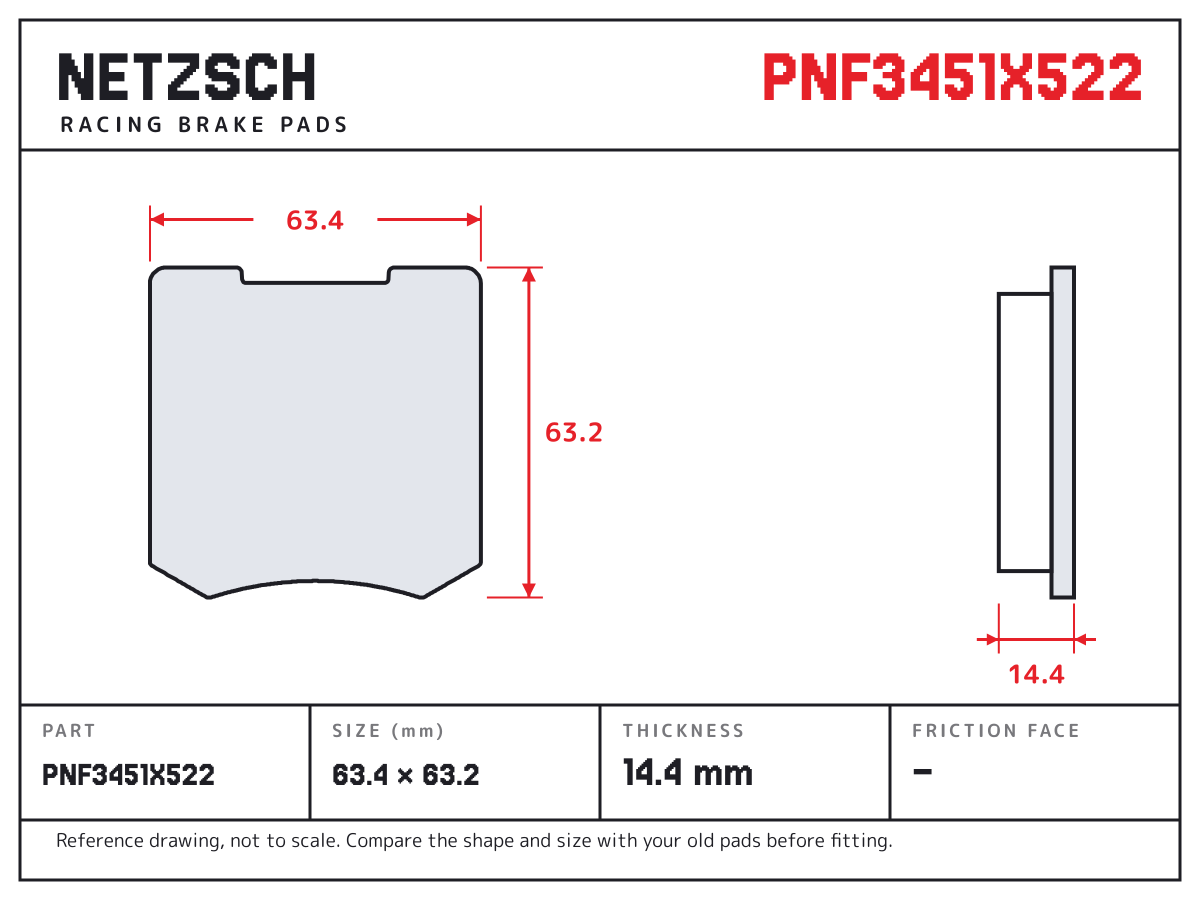 NETZSCH PNF3451X522 brake pad drawing: 63.4 × 63.2 mm, 14.4 mm thick
