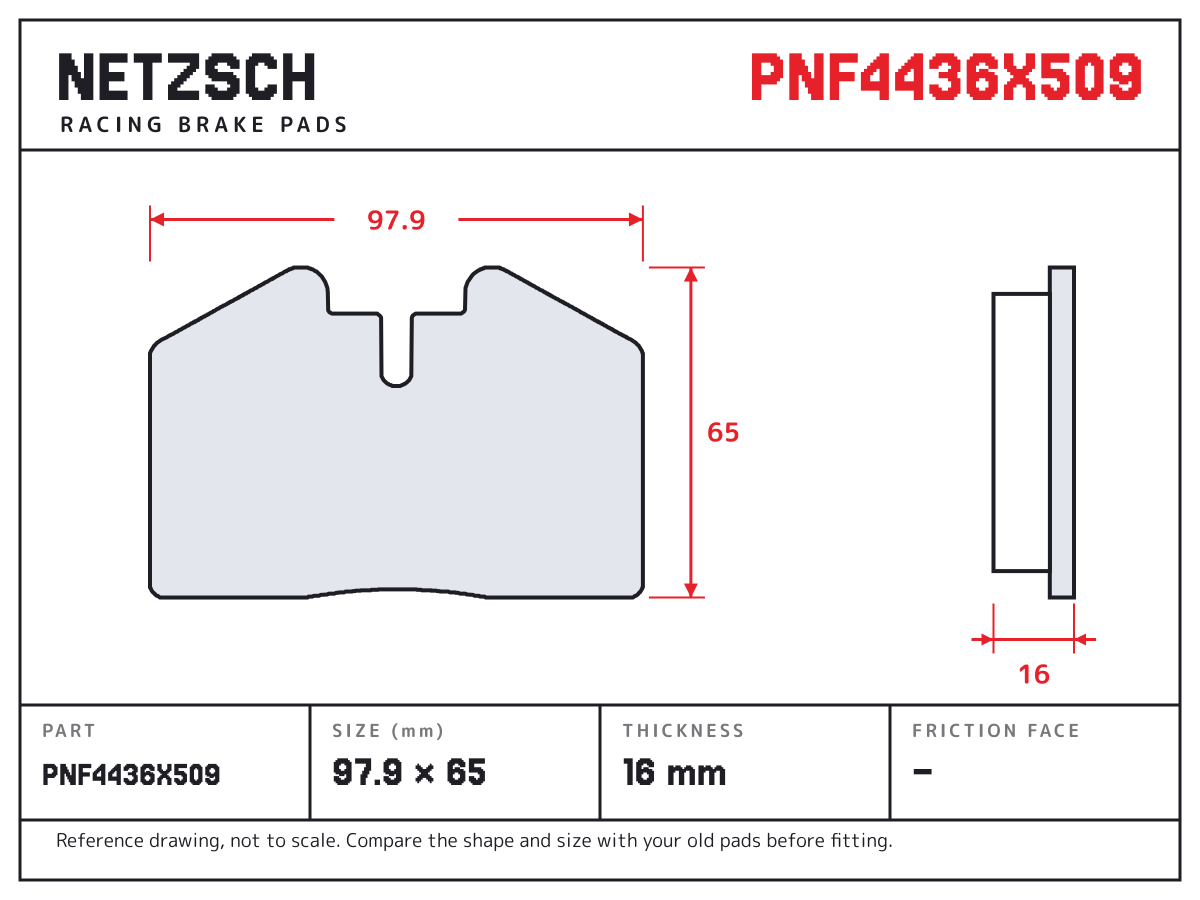 NETZSCH PNF4436X509 brake pad drawing: 97.9 × 65 mm, 16 mm thick