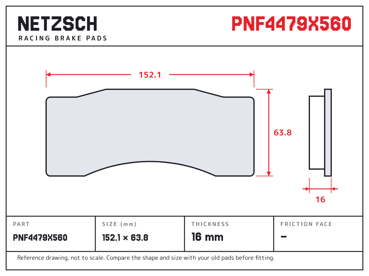NETZSCH PNF4479X560 brake pad drawing: 152.1 × 63.8 mm, 16 mm thick